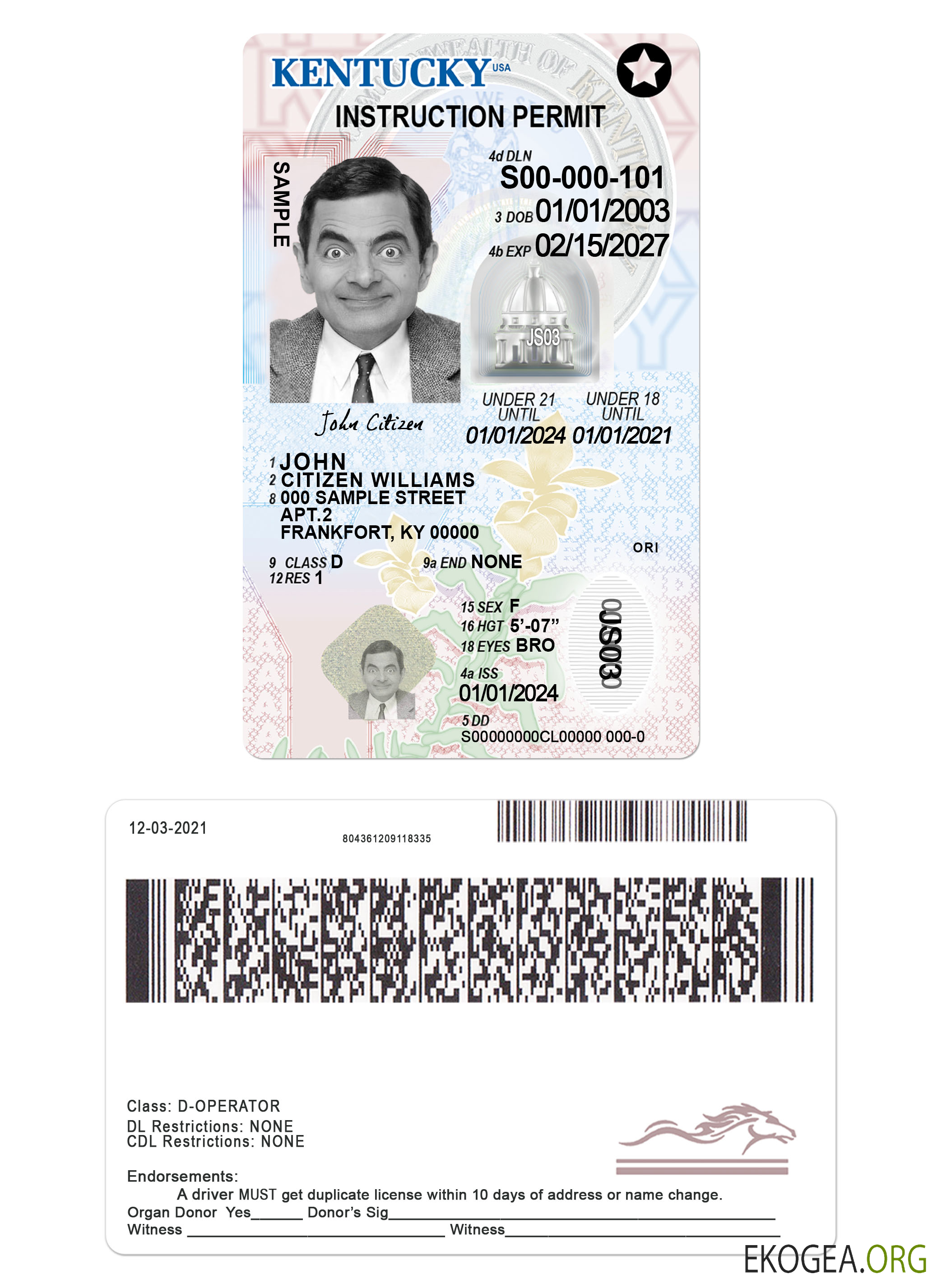 USA Kentucky driving license under 21